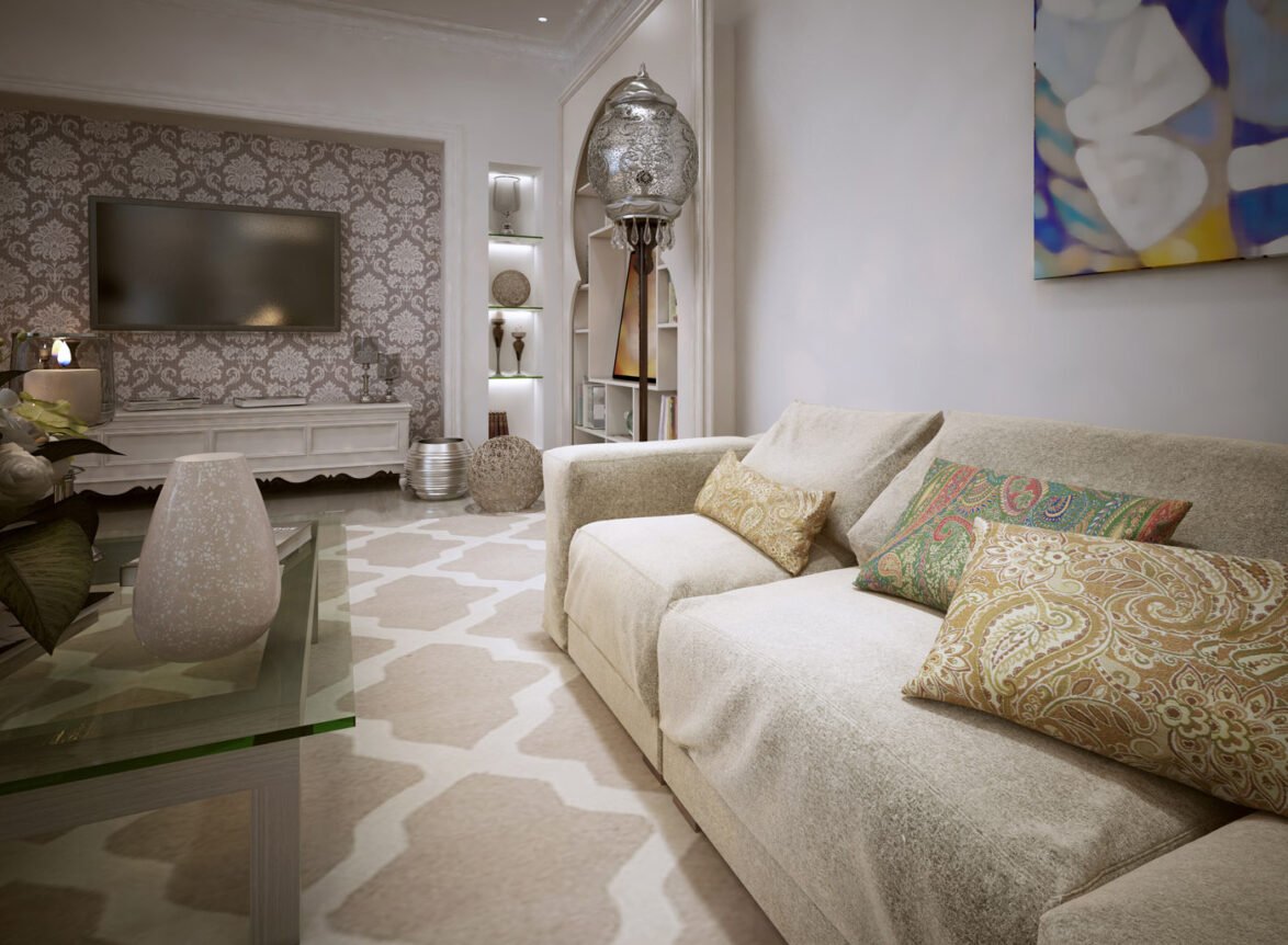 Luxury,Living,In,The,Moroccan,Style.,3d,Visualization Accessoires d'ameublement pour salon marocain moderne